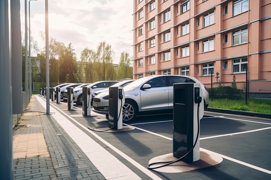 Row of cars parked at EV Chargers